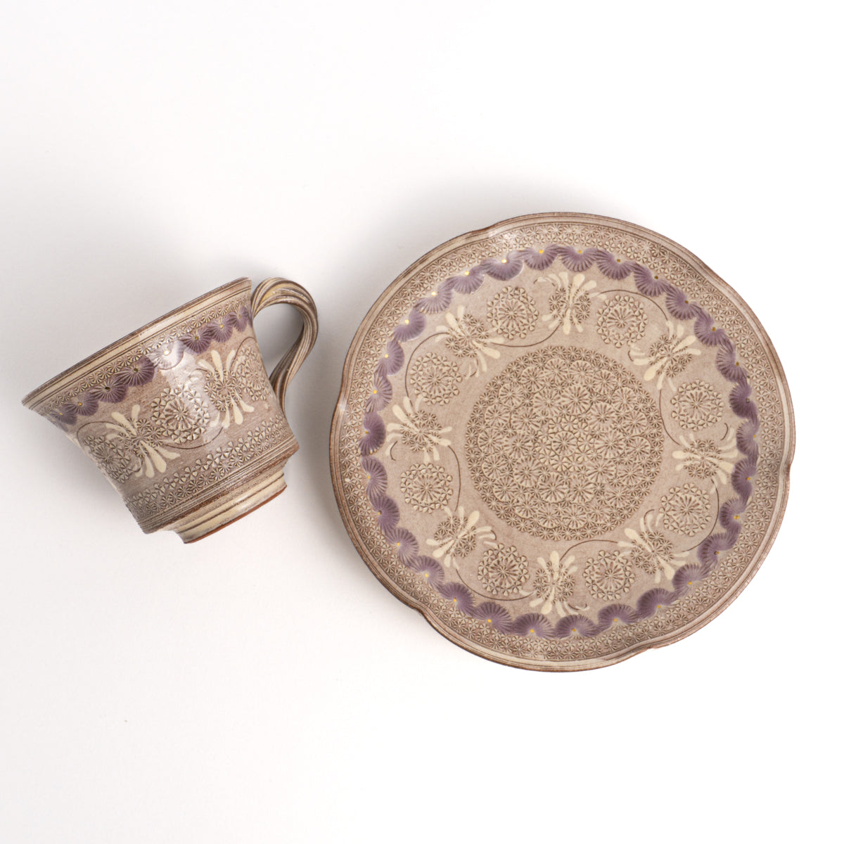 珈琲碗皿 紫彩華紋A 陶楽窯 - Handcrafted Japanese pottery from Kyoto - Kyo ware / Kiyomizu ware.