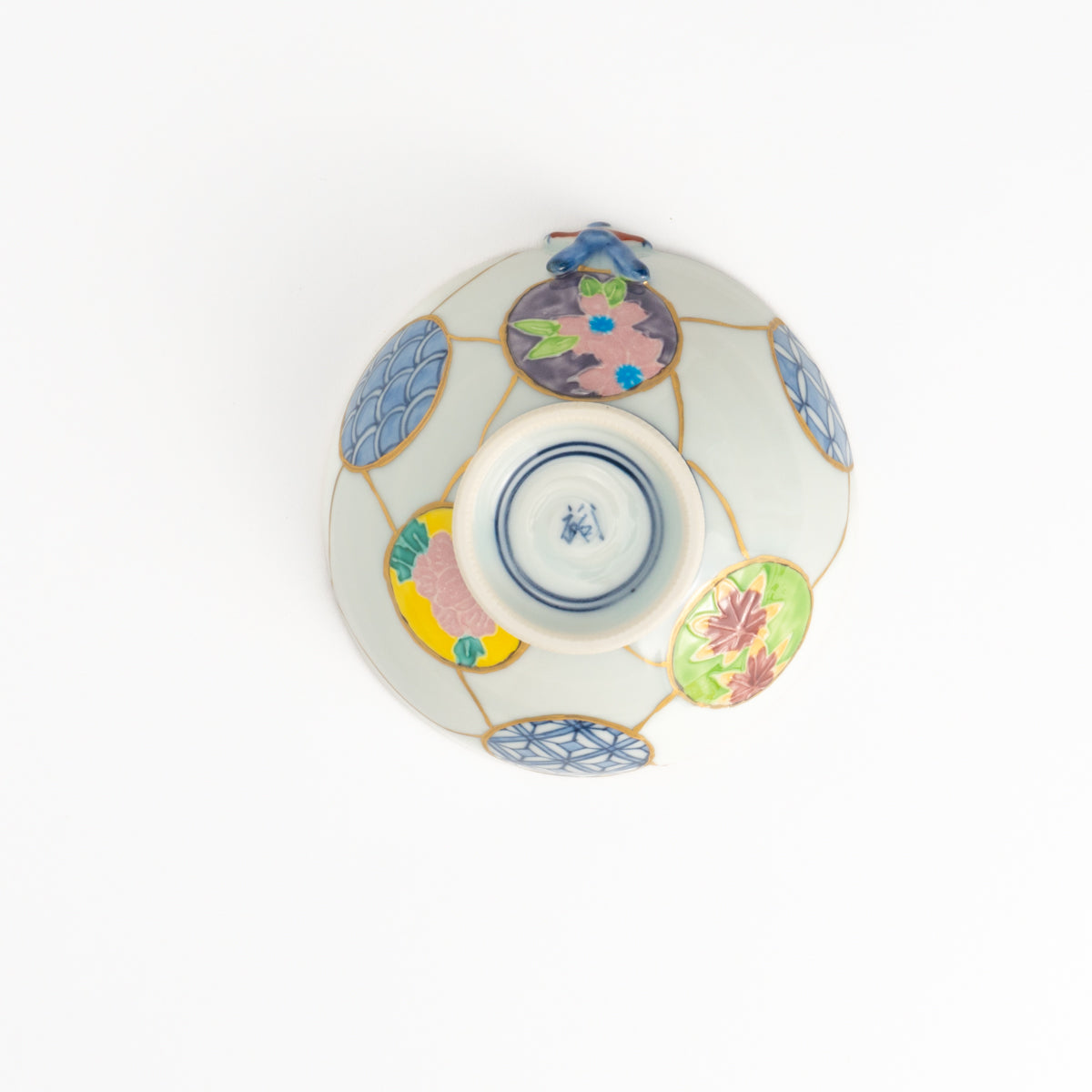 ミニ茶碗 交趾染付一閑人 金継風レッド 秀峰堂 - Handcrafted Japanese pottery from Kyoto - Kyo ware / Kiyomizu ware.