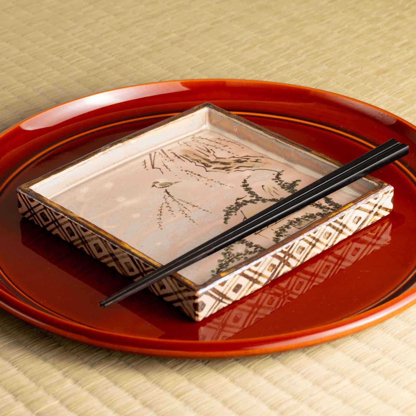 【清水焼】角皿 乾山写「柳に鶯」 俊山窯 KOTOPOTTER