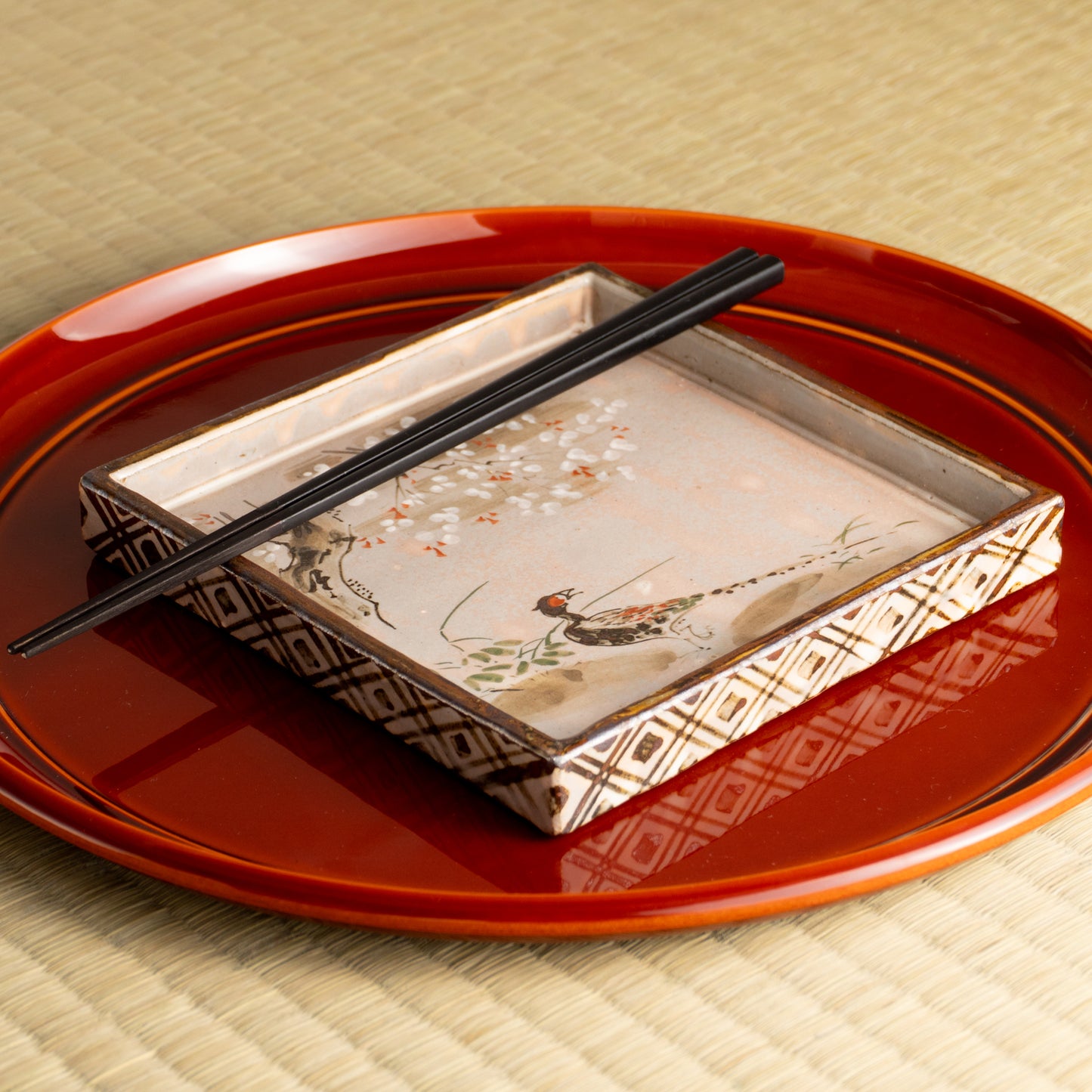 【清水焼】角皿 乾山写「桜に雉」 俊山窯 KOTOPOTTER