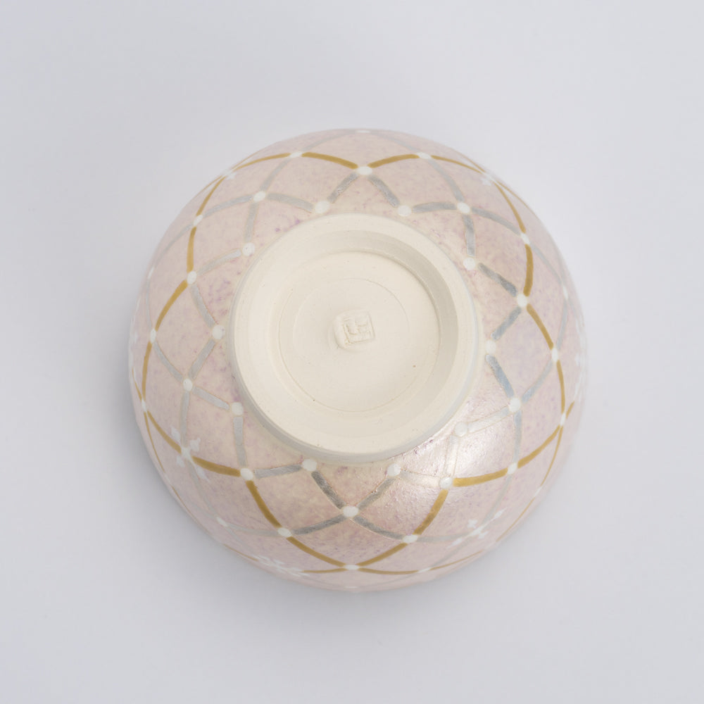 一服碗 雲母彩網目 雪結晶 ピンク - Handcrafted Japanese pottery from Kyoto - Kyo ware / Kiyomizu ware.