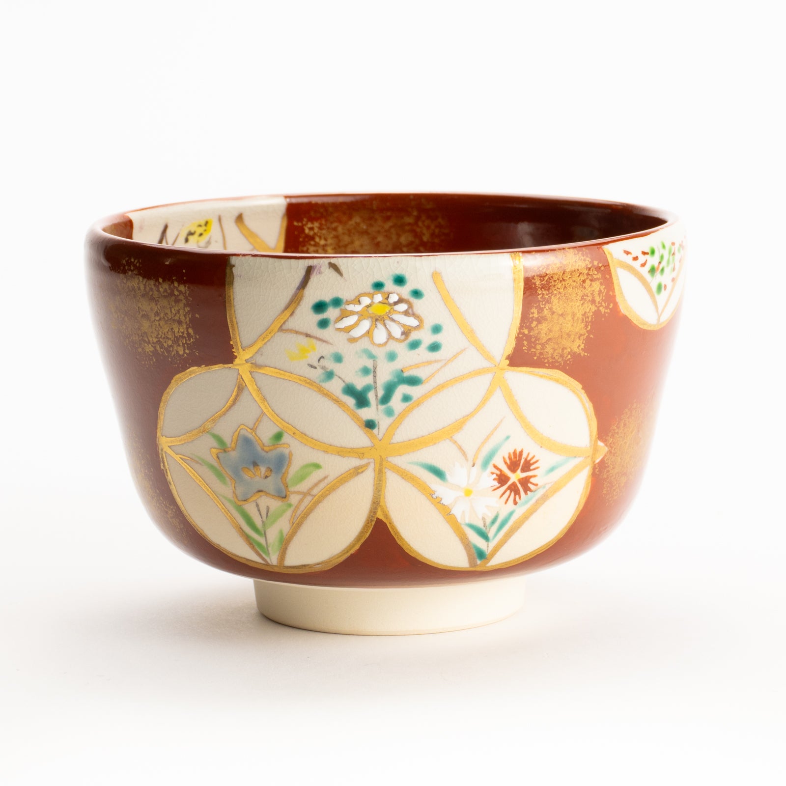 京焼 抹茶碗 茶道具 金彩 花の図 共箱 仕覆 巾着付⑤ 京焼 抹茶碗