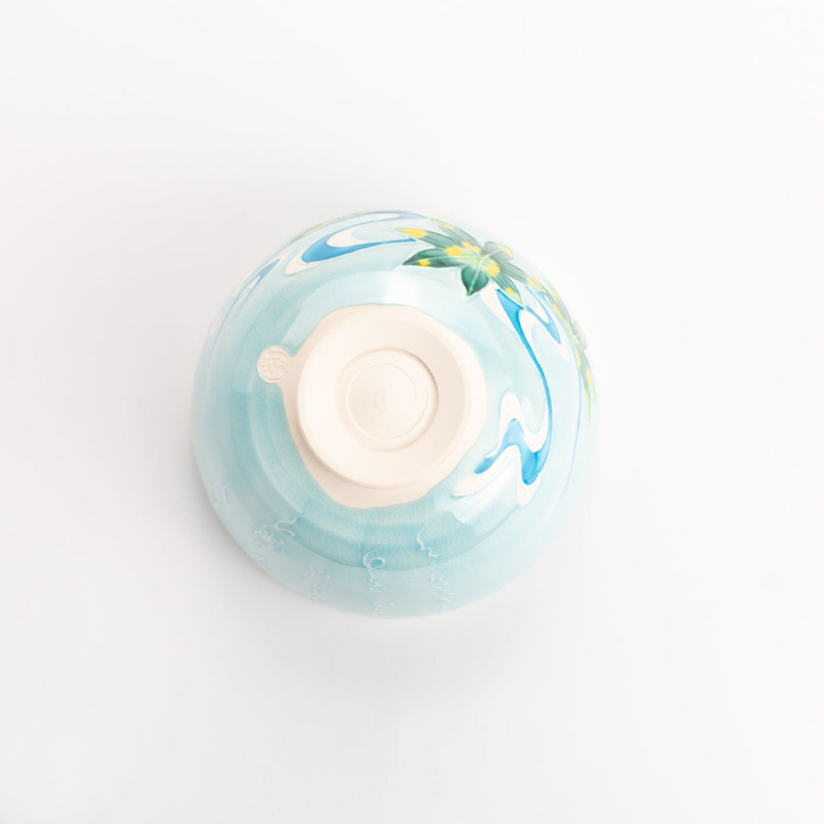 抹茶碗 浅葱交趾 竜田川に和歌 一如 - Handcrafted Japanese pottery from Kyoto - Kyo ware / Kiyomizu ware.