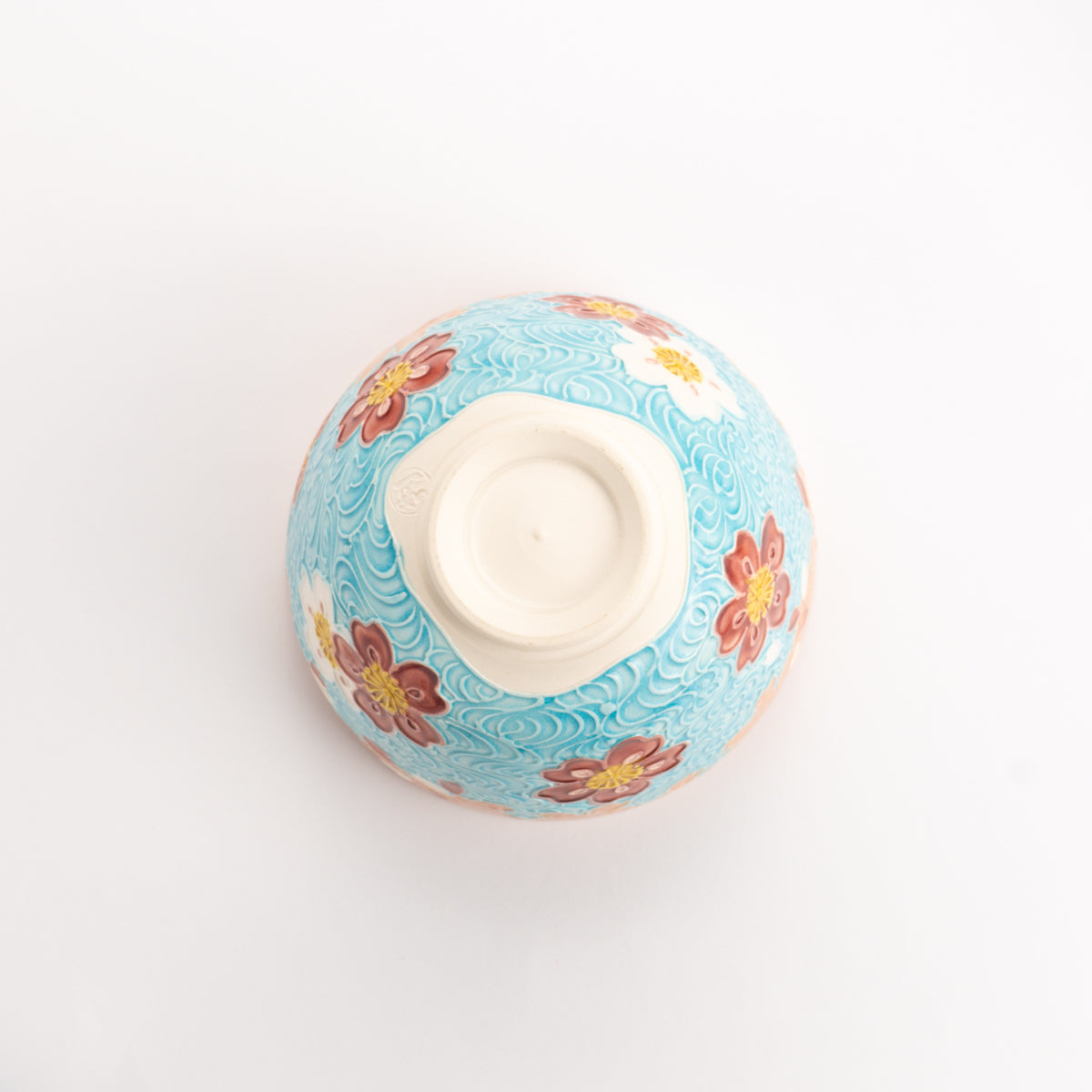 抹茶碗 浅葱交趾 桜に流水雲 一如 - Handcrafted Japanese pottery from Kyoto - Kyo ware / Kiyomizu ware.