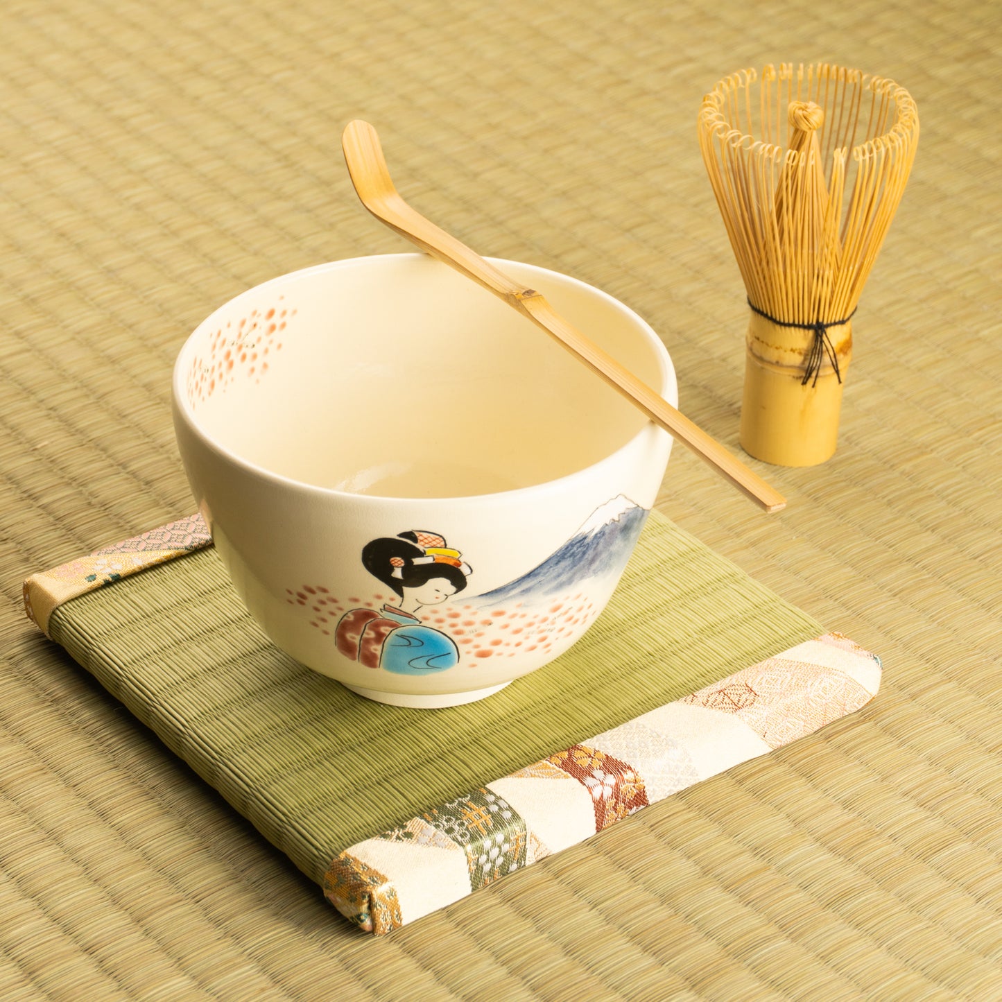 【清水烧】抹茶碗 舞妓与富士 海峰