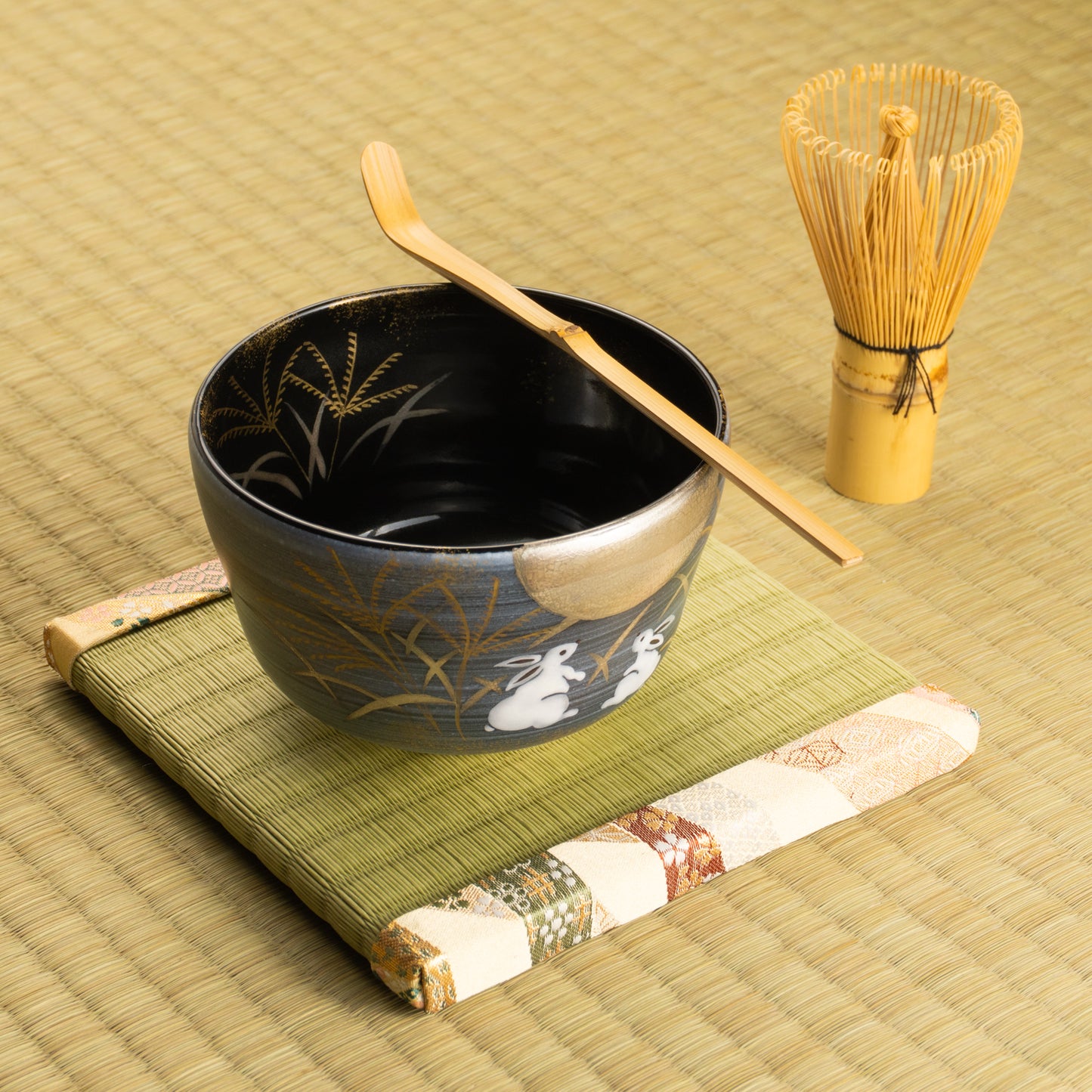 【清水烧】抹茶碗 金银彩 月与兔 海峰