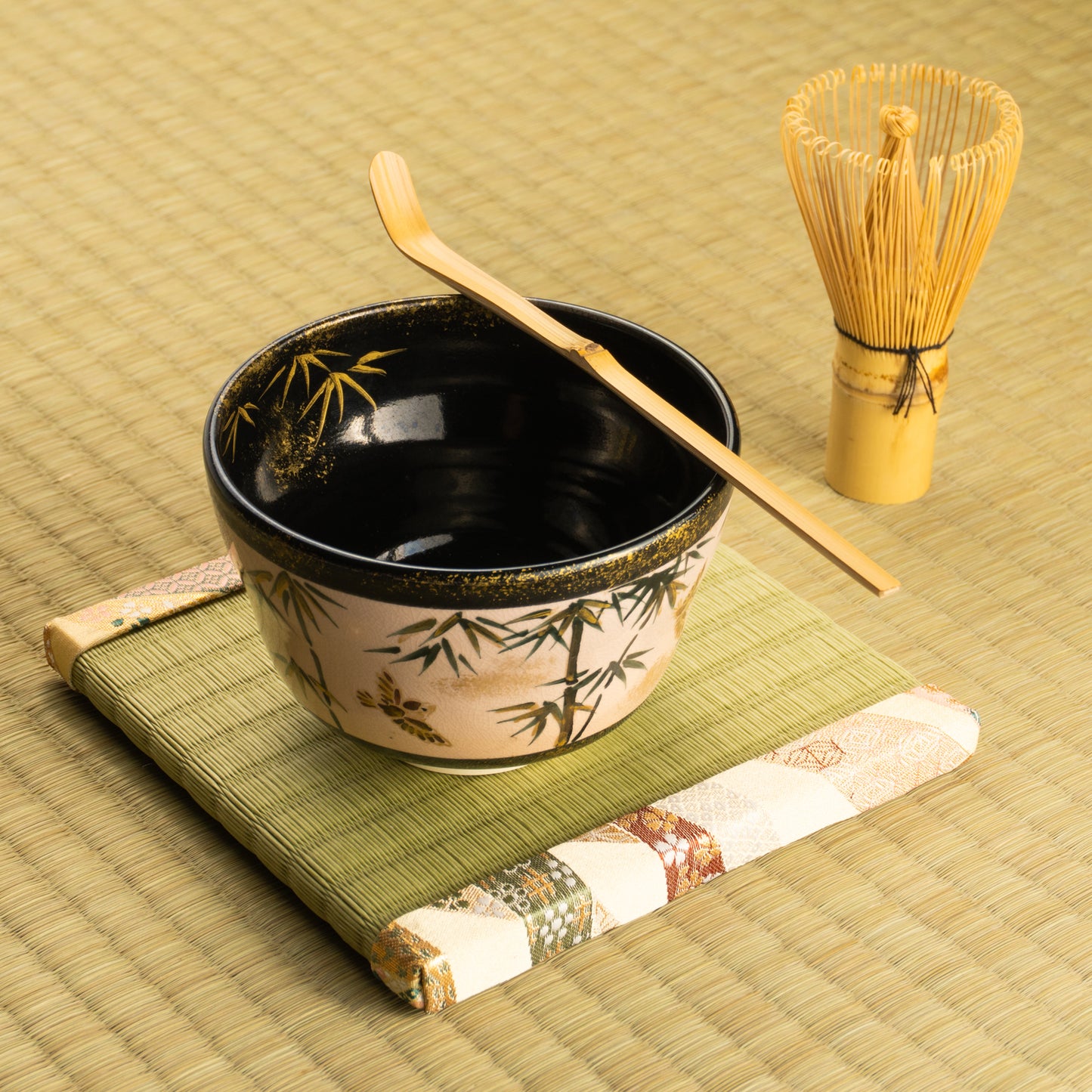 【清水烧】抹茶碗 金彩 竹与麻雀 海峰