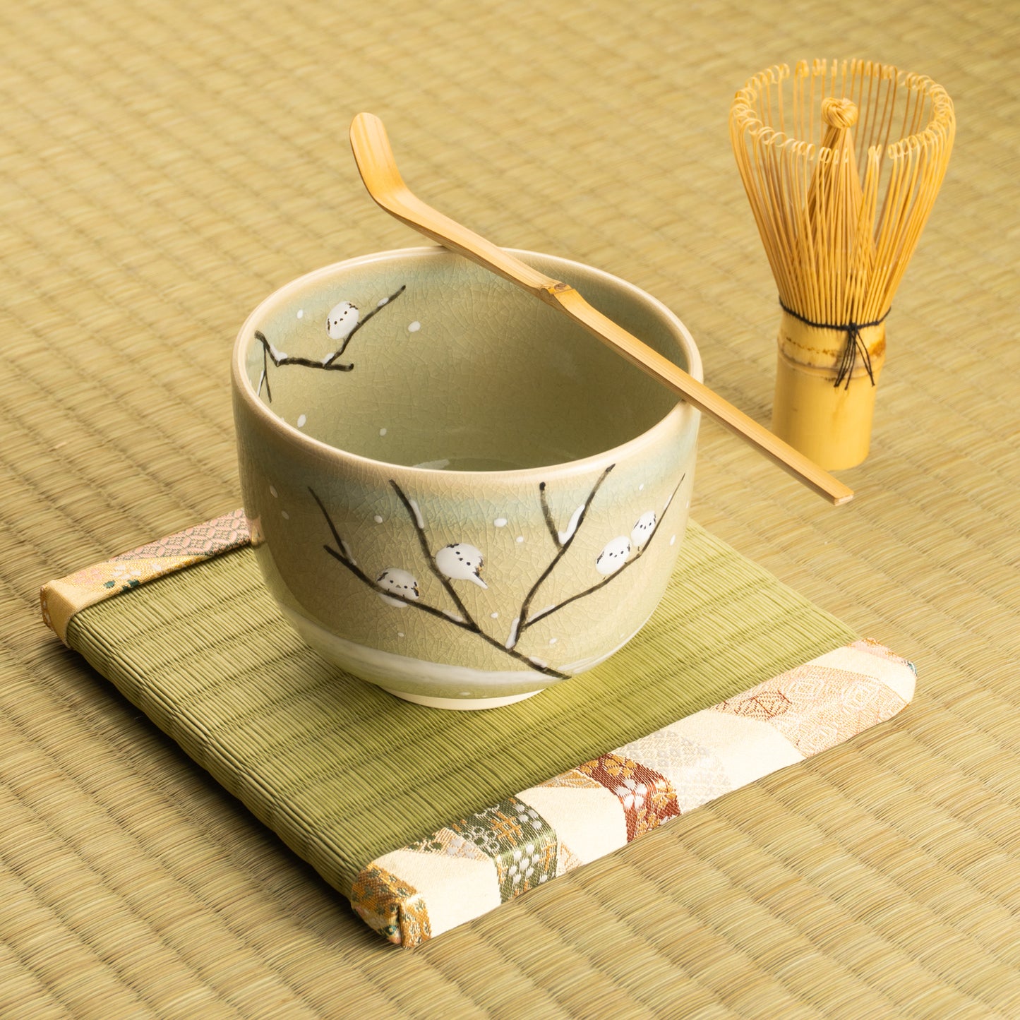 【清水烧】抹茶碗 长尾山雀与雪景 与平