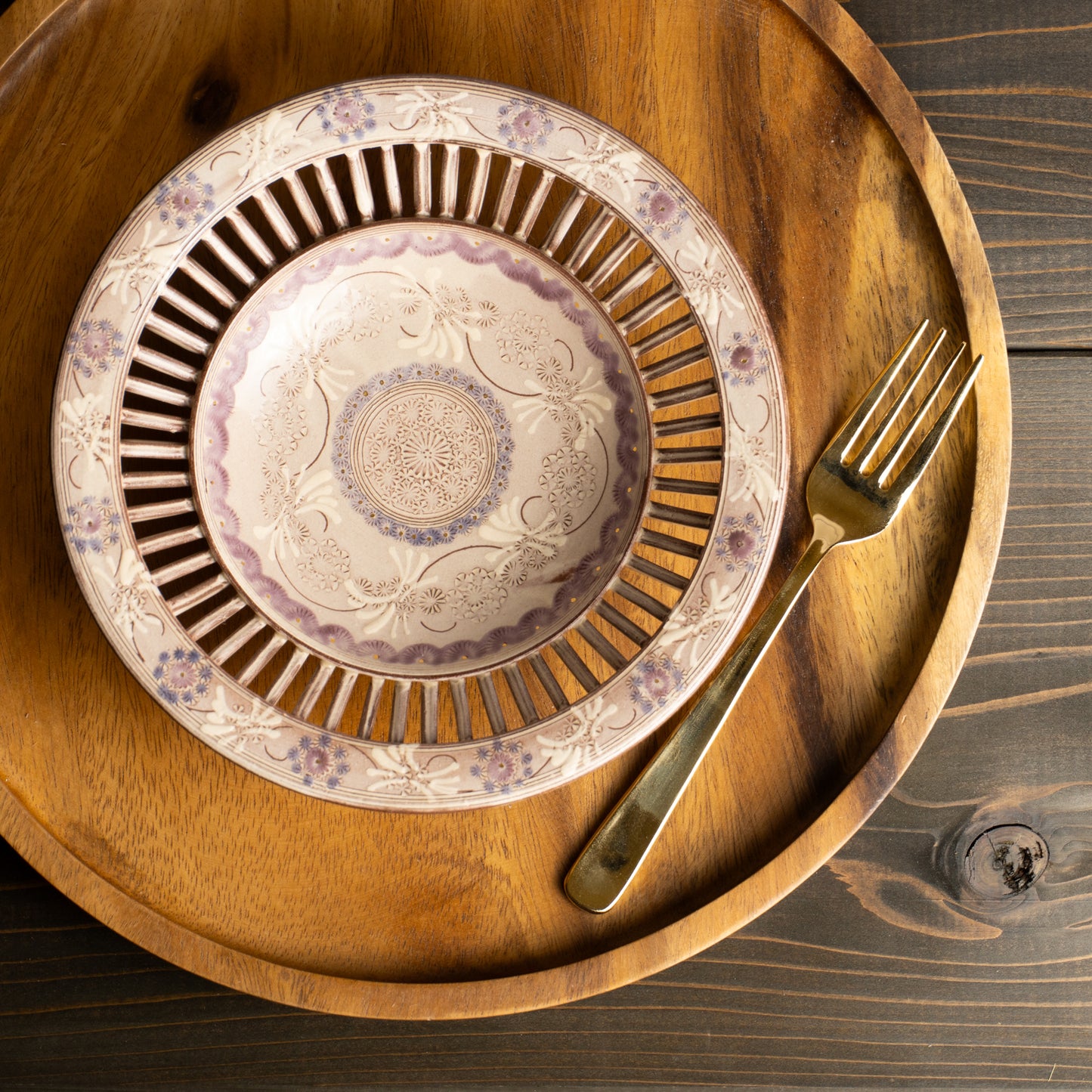 【清水焼】透かし鉢 紫彩華紋 陶楽窯 KOTOPOTTER