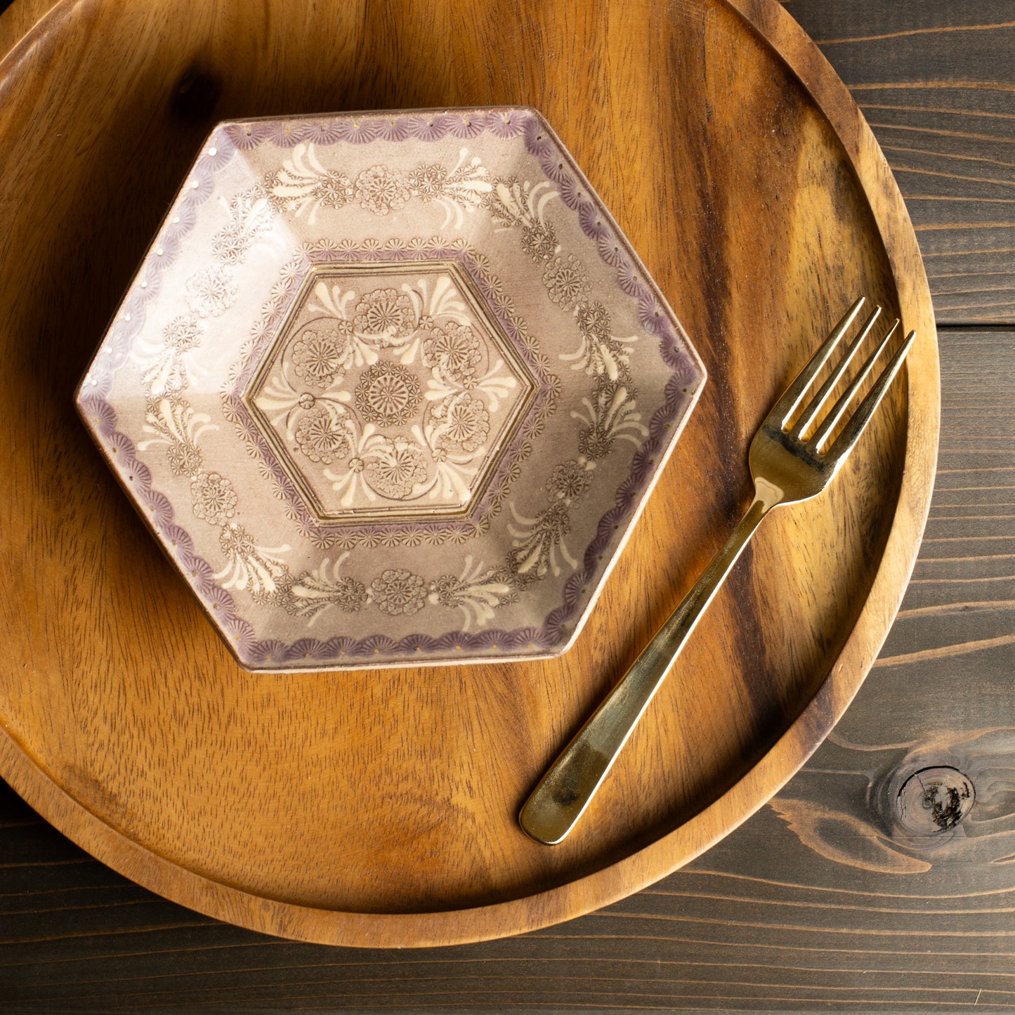 【清水焼】六角小皿 紫彩華紋 陶楽窯 KOTOPOTTER