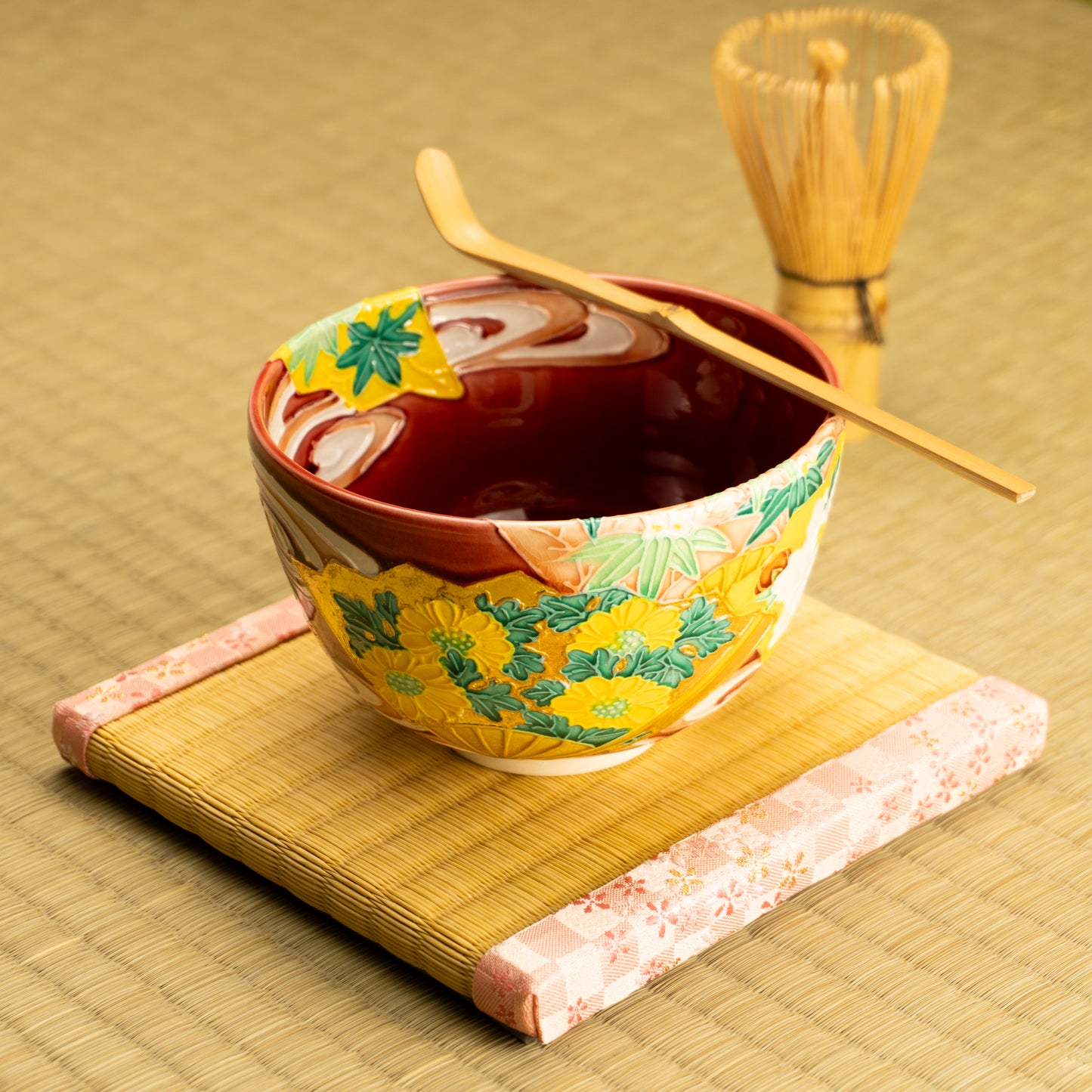 抹茶碗 四季草花扇面 一如 KOTOPOTTER