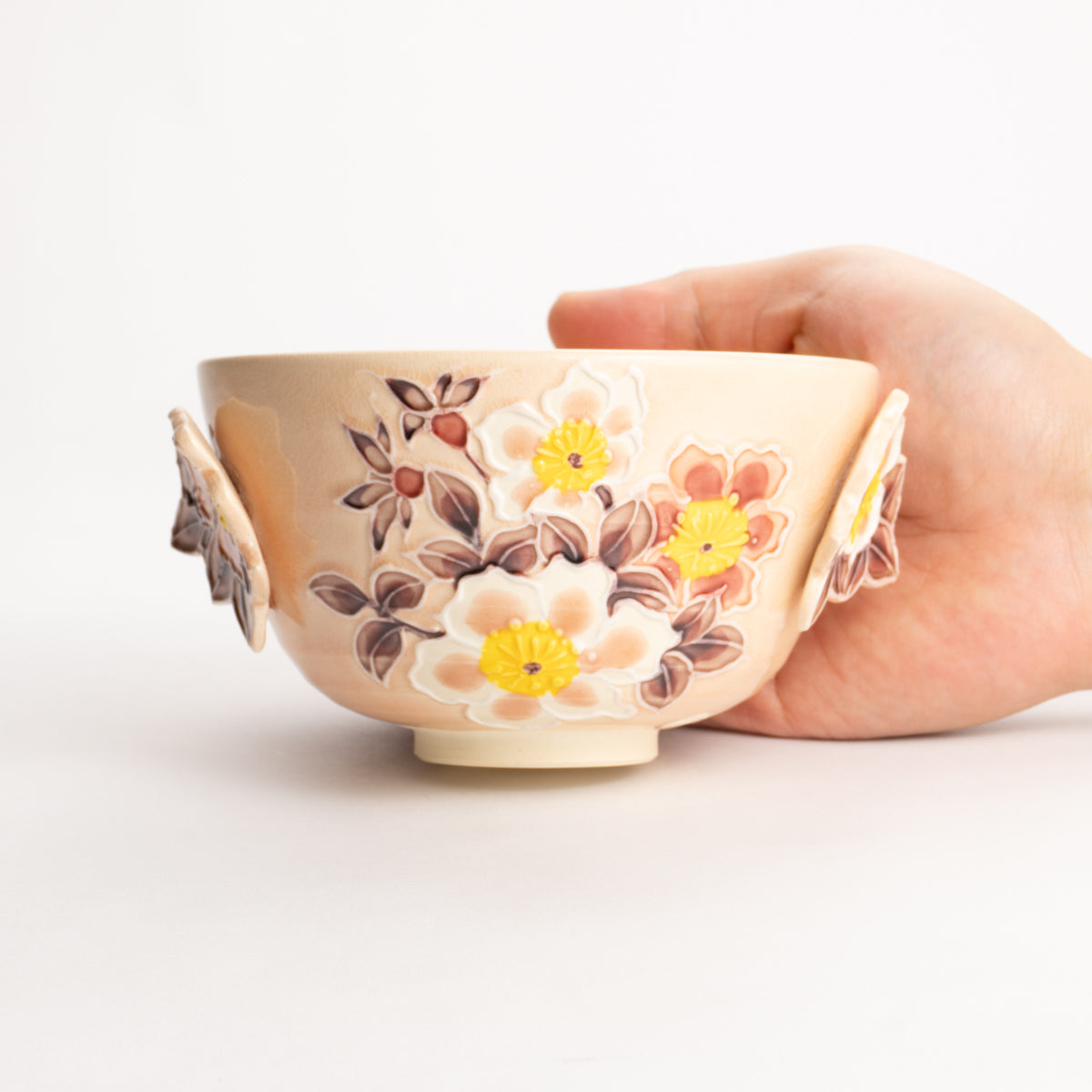 抹茶碗 淡桃交趾ハマナス - Handcrafted Japanese pottery from Kyoto - Kyo ware / Kiyomizu ware.