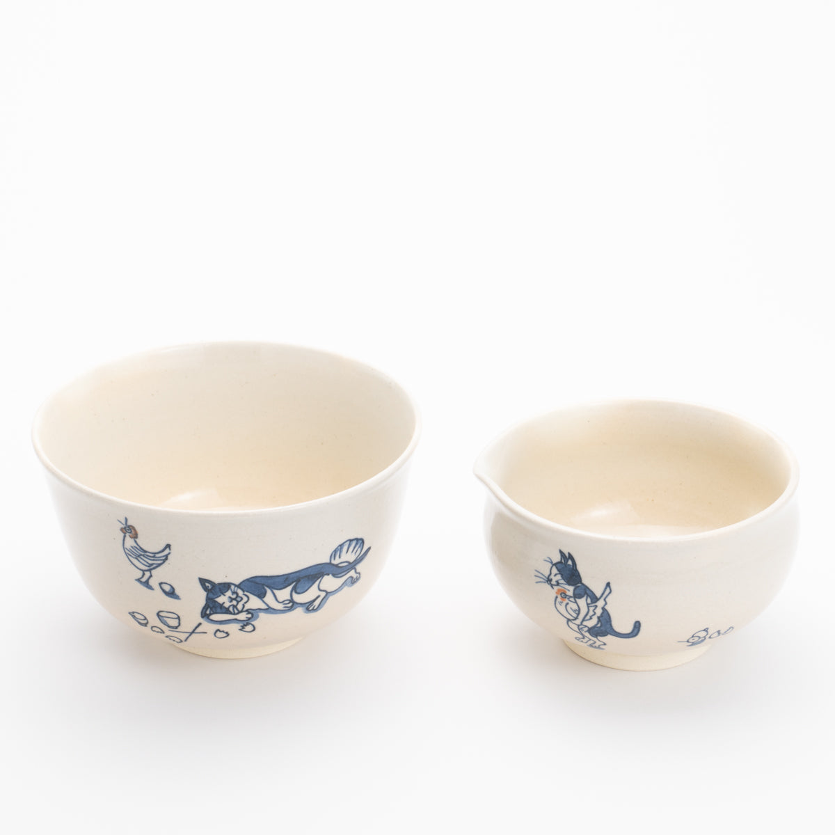 卵かけご飯セット 染付小紋"猫" 風龍窯 - Handcrafted Japanese pottery from Kyoto - Kyo ware / Kiyomizu ware.