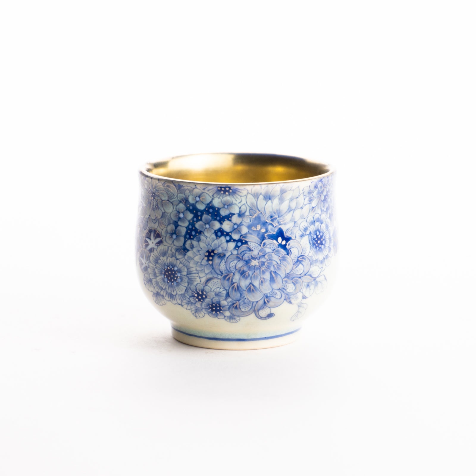 ★清水焼名品/小紋桜七宝『お茶呑み素極』正峰造★逸品希少 京都 清水焼】ぐい呑 青描プラチナ彩 花詰 見谷若葉｜コトポッター