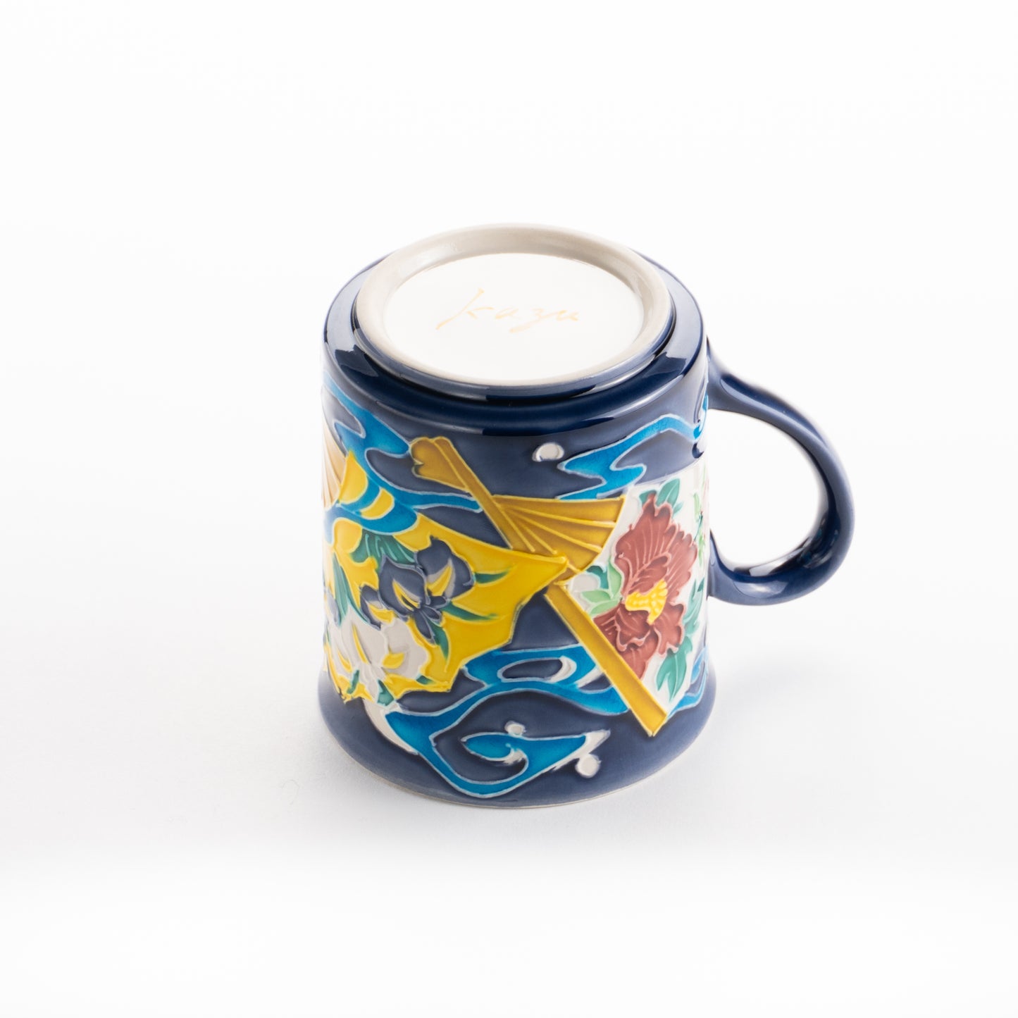 マグカップ 四季草花扇面ブルー 一如 - Handcrafted Japanese pottery from Kyoto - Kyo ware / Kiyomizu ware.