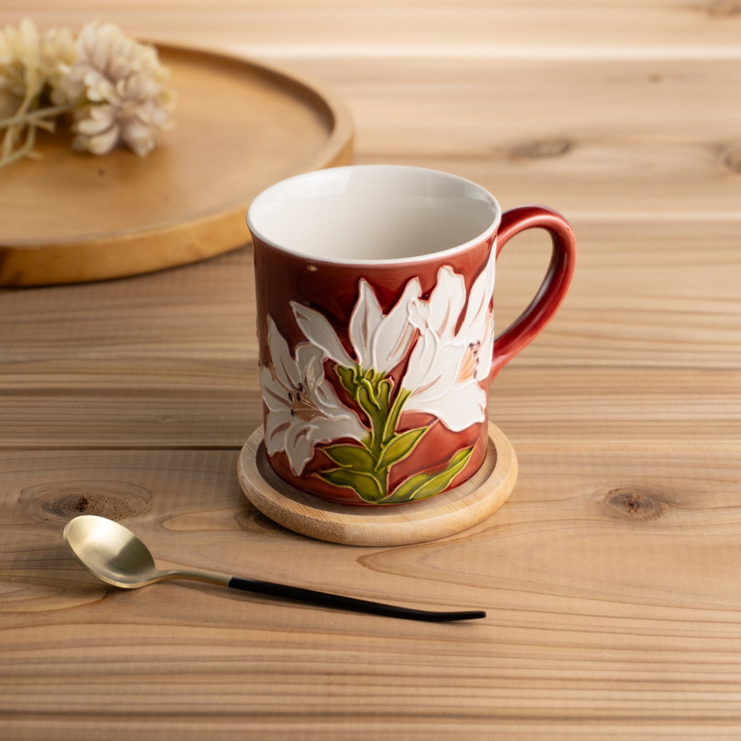 マグカップ 白百合 グリーン 一如 - Handcrafted Japanese pottery from Kyoto - Kyo ware / Kiyomizu ware.