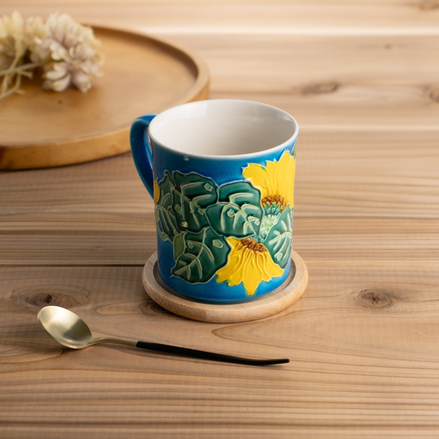 マグカップ 向日葵 ブルー 一如 - Handcrafted Japanese pottery from Kyoto - Kyo ware / Kiyomizu ware.