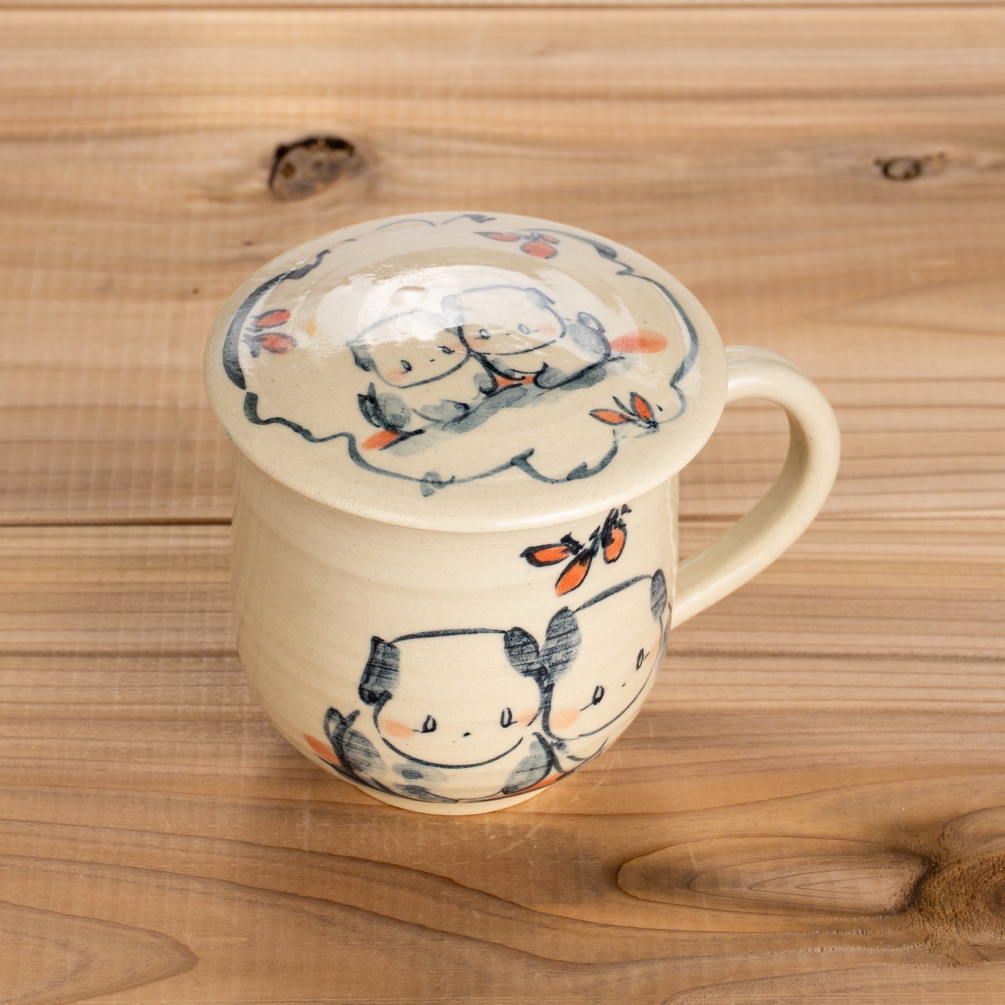 蓋付マグカップ 仲良し犬N 工房咲楽 - Handcrafted Japanese pottery from Kyoto - Kyo ware / Kiyomizu ware.