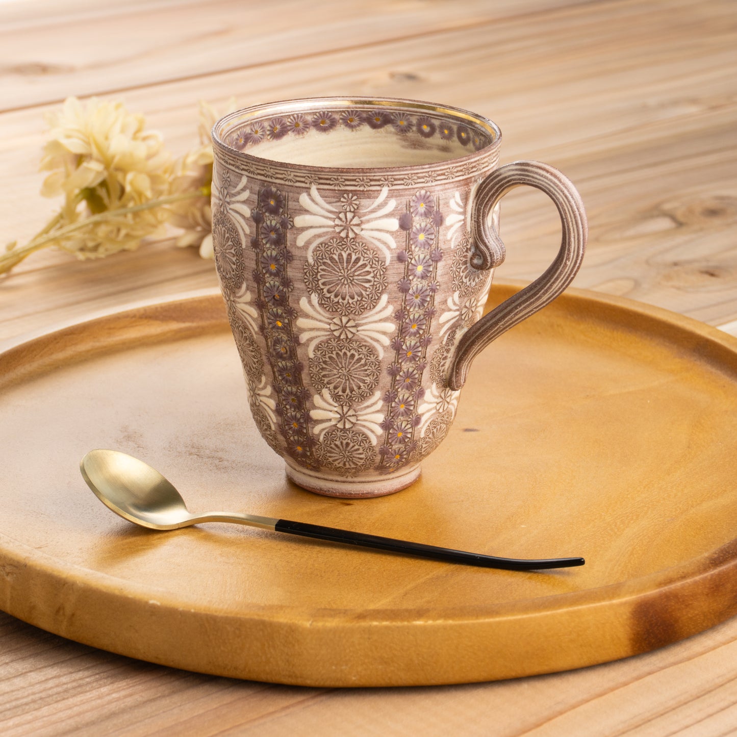 京焼・清水焼 マグカップ 紫彩華紋3D 陶楽窯