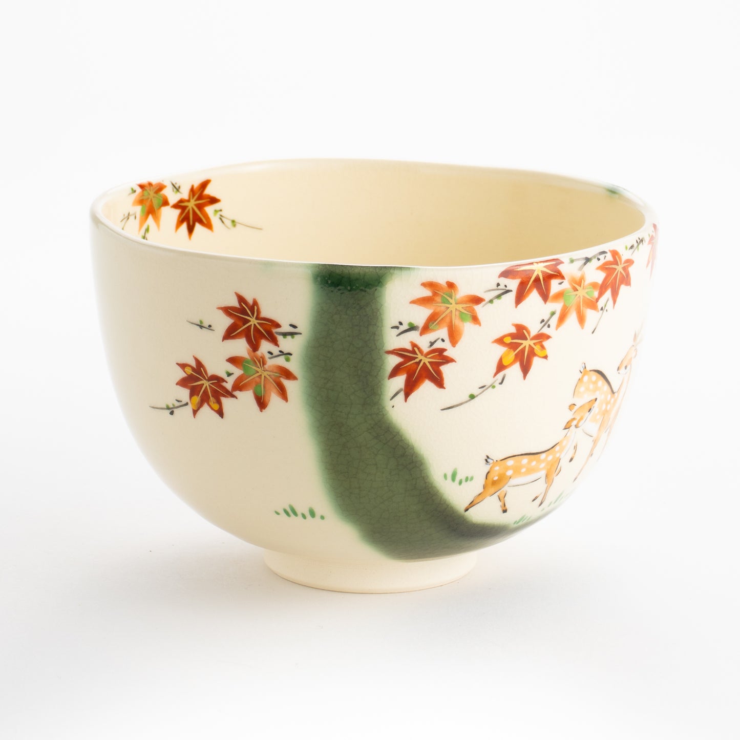 【清水焼】抹茶碗 織部 紅葉に鹿 宝泉 KOTOPOTTER