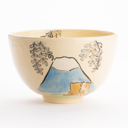 抹茶碗　仲良し猫「富士山と藤」　工房咲楽 KOTOPOTTER