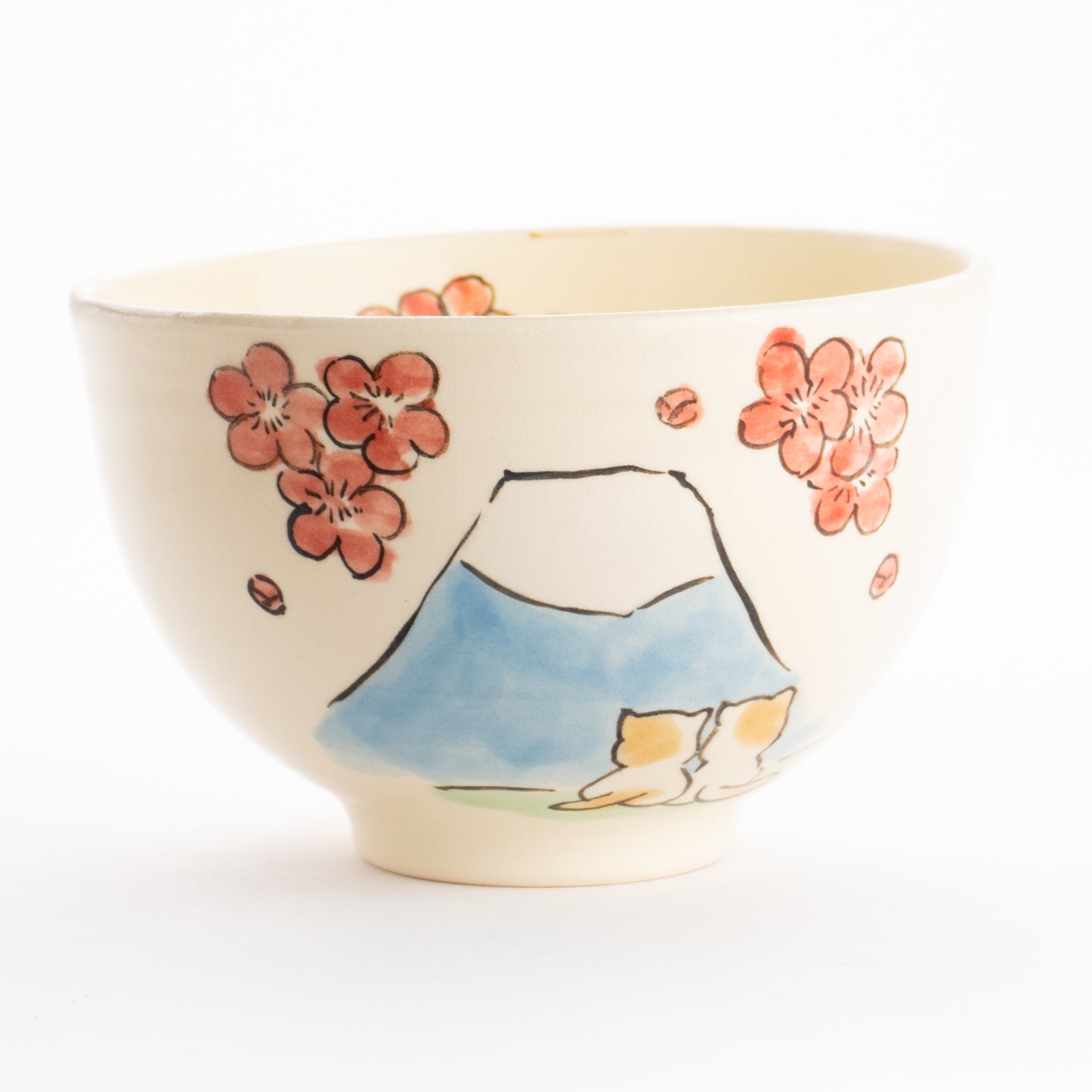 抹茶碗　仲良し猫「富士山と梅」　工房咲楽 KOTOPOTTER