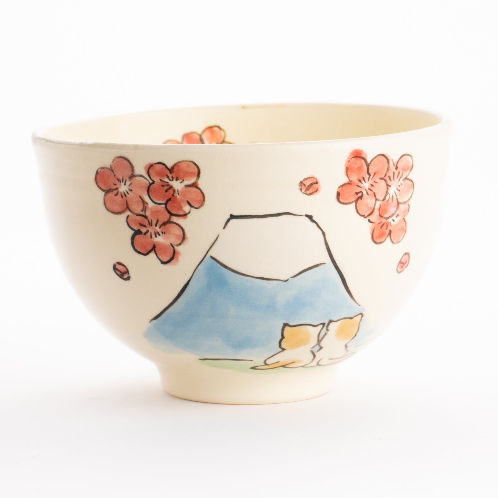 抹茶碗　仲良し猫「富士山と梅」　工房咲楽 KOTOPOTTER