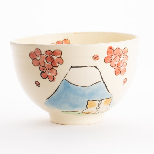 抹茶碗　仲良し猫「富士山と梅」　工房咲楽 KOTOPOTTER