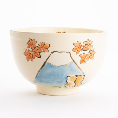 抹茶碗　仲良し猫「富士山と紅葉」　工房咲楽 KOTOPOTTER