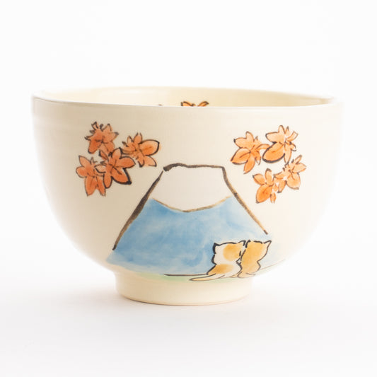 抹茶碗　仲良し猫「富士山と紅葉」　工房咲楽 KOTOPOTTER