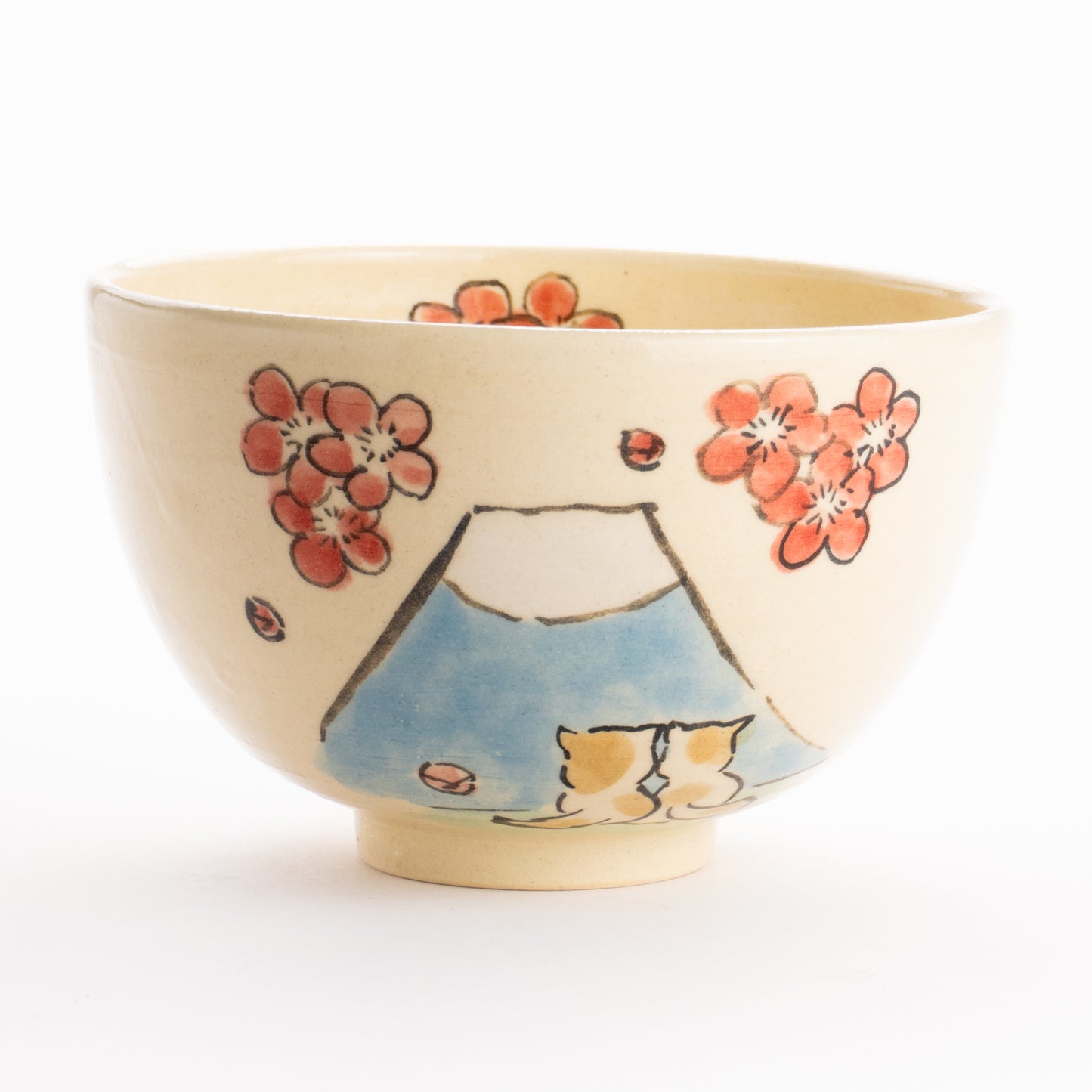抹茶碗　仲良し猫「富士山と梅」　工房咲楽 KOTOPOTTER