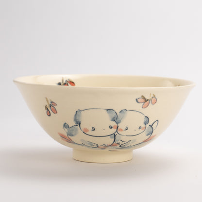 茶碗(特大)　仲良し犬D　工房咲楽 - Handcrafted Japanese pottery from Kyoto - Kyo ware / Kiyomizu ware.