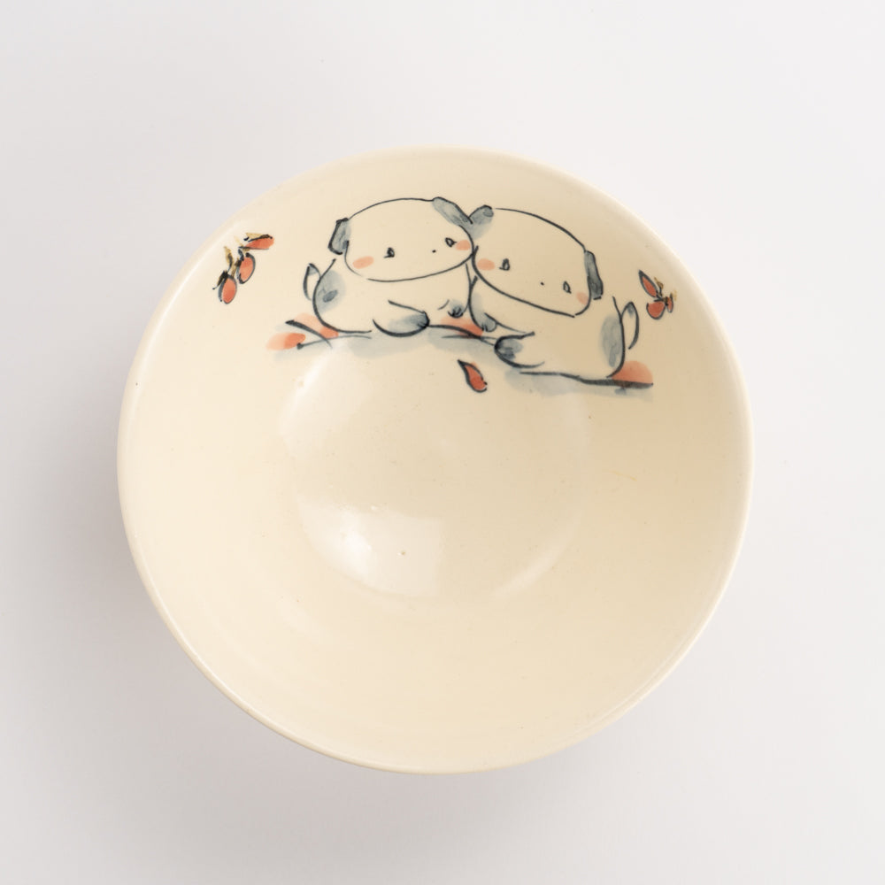 茶碗(特大)　仲良し犬D　工房咲楽 - Handcrafted Japanese pottery from Kyoto - Kyo ware / Kiyomizu ware.