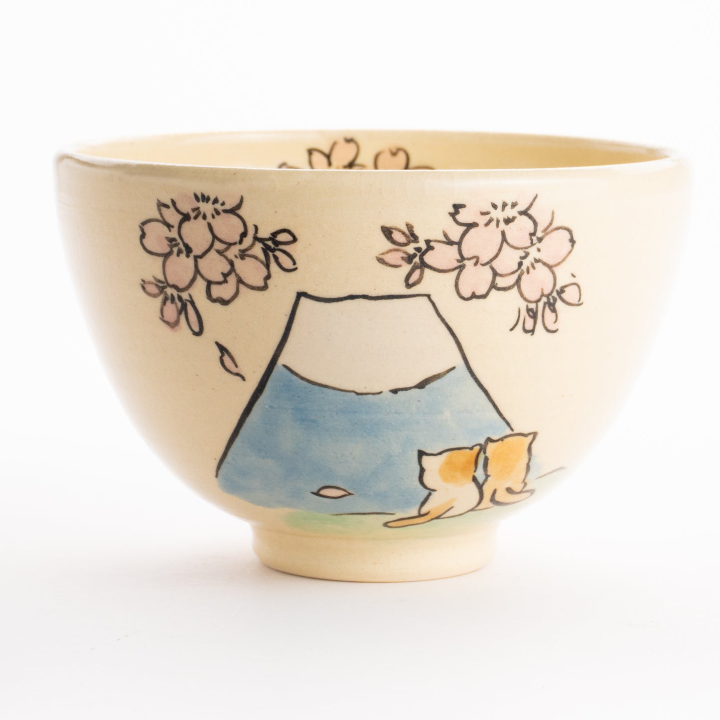 抹茶碗　仲良し猫「富士山と桜」　工房咲楽 KOTOPOTTER