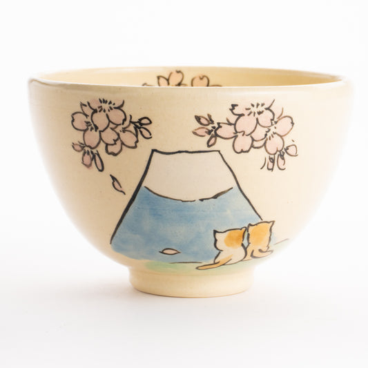 抹茶碗　仲良し猫「富士山と桜」　工房咲楽 KOTOPOTTER