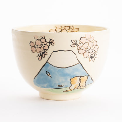 抹茶碗　仲良し猫「富士山と桜」　工房咲楽 KOTOPOTTER