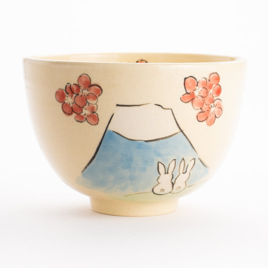 抹茶碗　仲良しうさぎ「富士山と梅」　工房咲楽 KOTOPOTTER