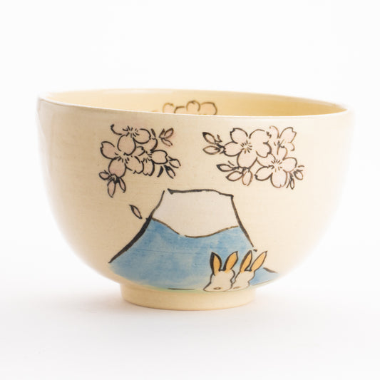 抹茶碗　仲良しうさぎ「富士山と桜」　工房咲楽 KOTOPOTTER