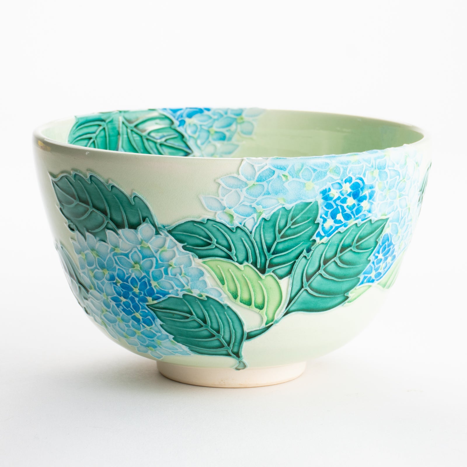 【清水焼】抹茶碗　白緑交趾 紫陽花　山本一如 KOTOPOTTER