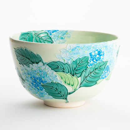 【清水焼】抹茶碗　白緑交趾 紫陽花　山本一如 KOTOPOTTER