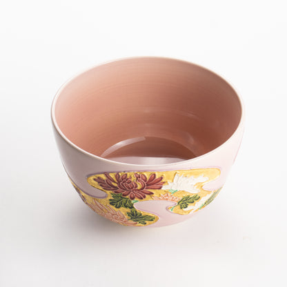 【清水焼】抹茶碗　桃交趾 四季草花　山本一如 KOTOPOTTER