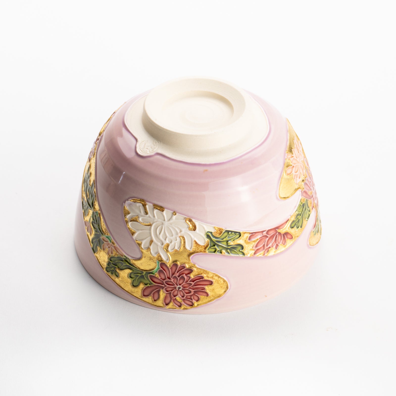 【清水焼】抹茶碗　桃交趾 四季草花　山本一如 KOTOPOTTER