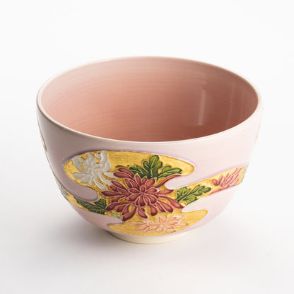 【清水焼】抹茶碗　桃交趾 四季草花　山本一如 KOTOPOTTER