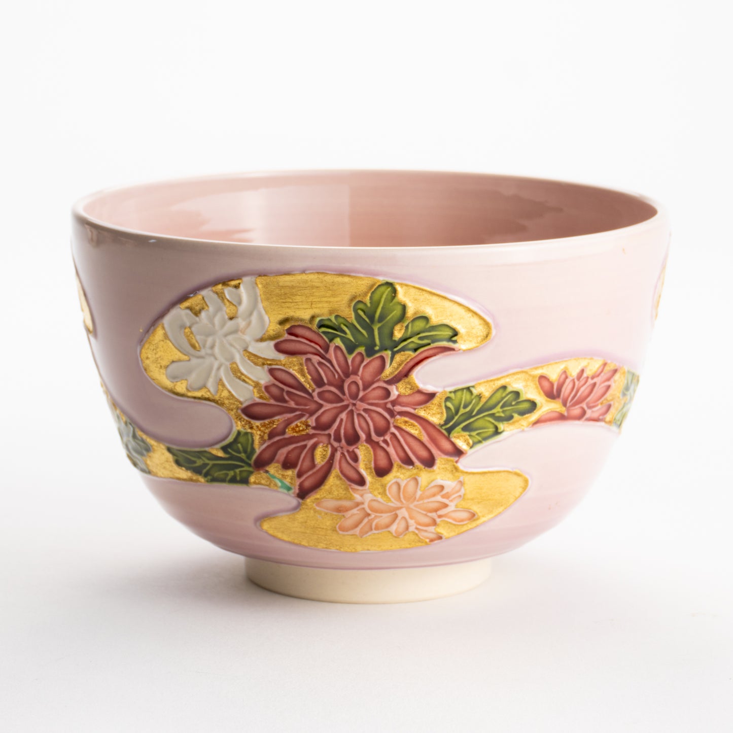 【清水焼】抹茶碗　桃交趾 四季草花　山本一如 KOTOPOTTER