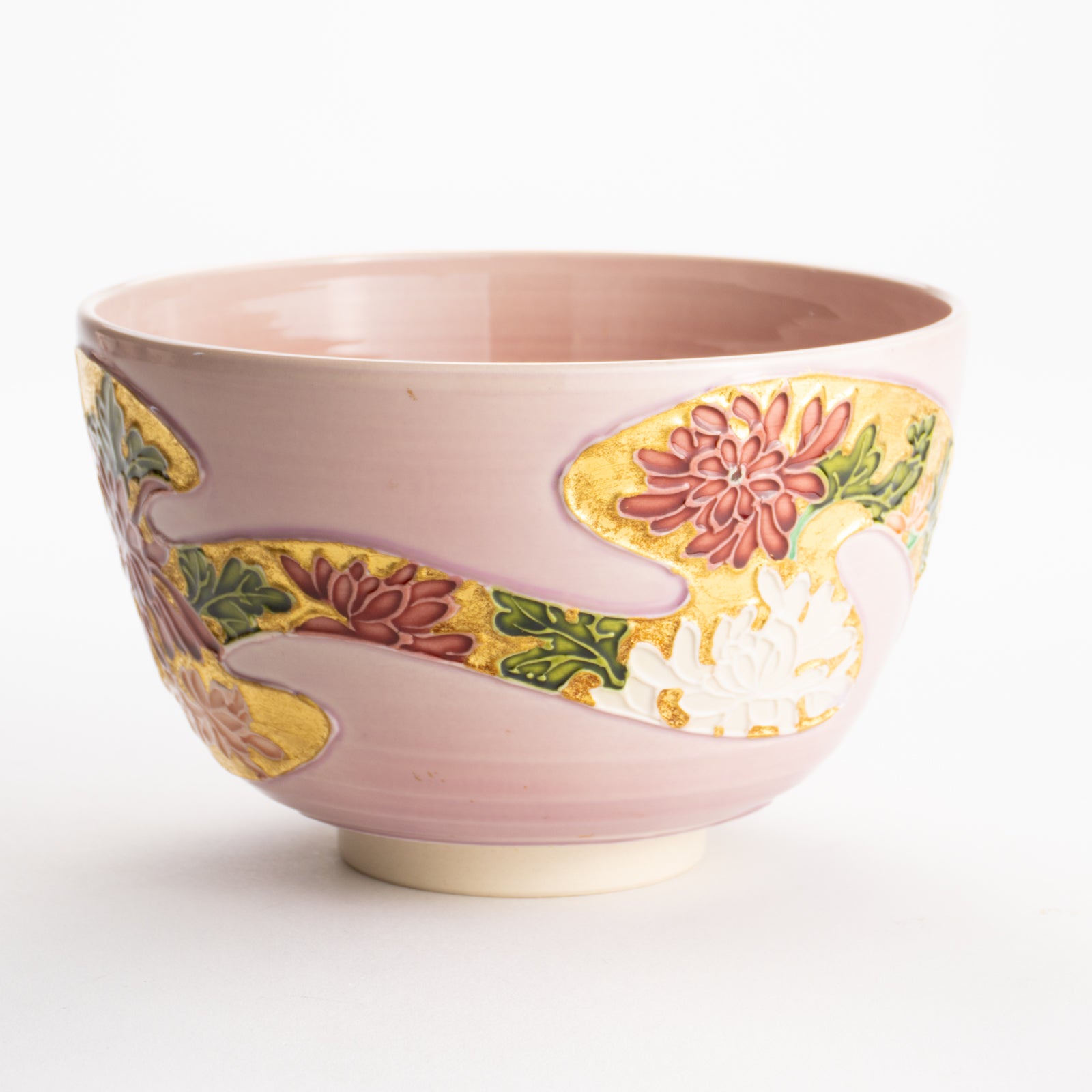 【清水焼】抹茶碗　桃交趾 四季草花　山本一如 KOTOPOTTER