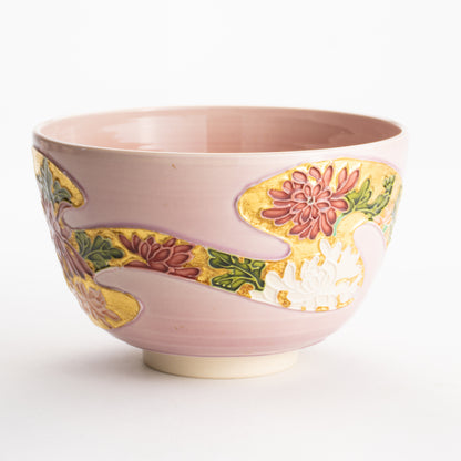 【清水焼】抹茶碗　桃交趾 四季草花　山本一如 KOTOPOTTER