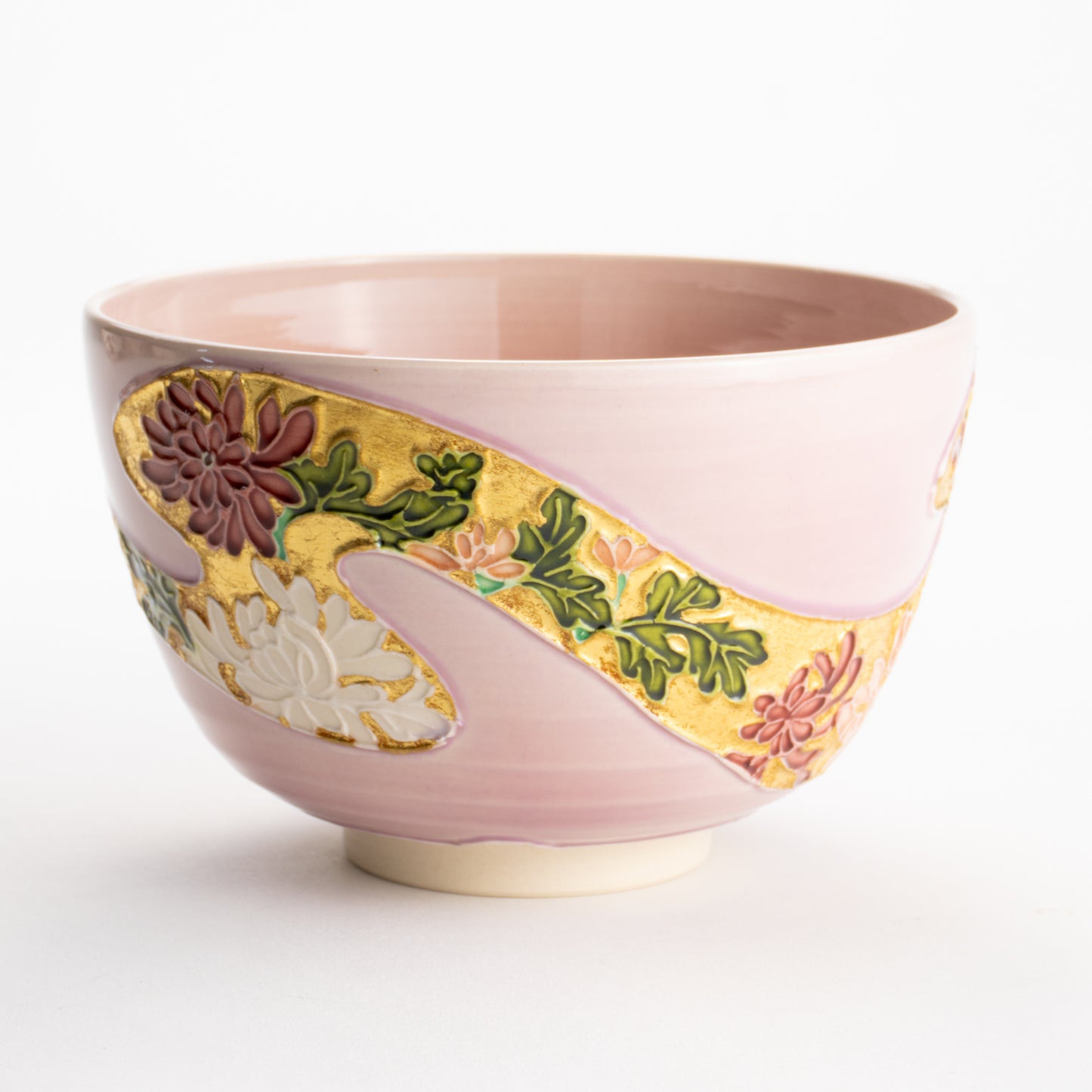 【清水焼】抹茶碗　桃交趾 四季草花　山本一如 KOTOPOTTER