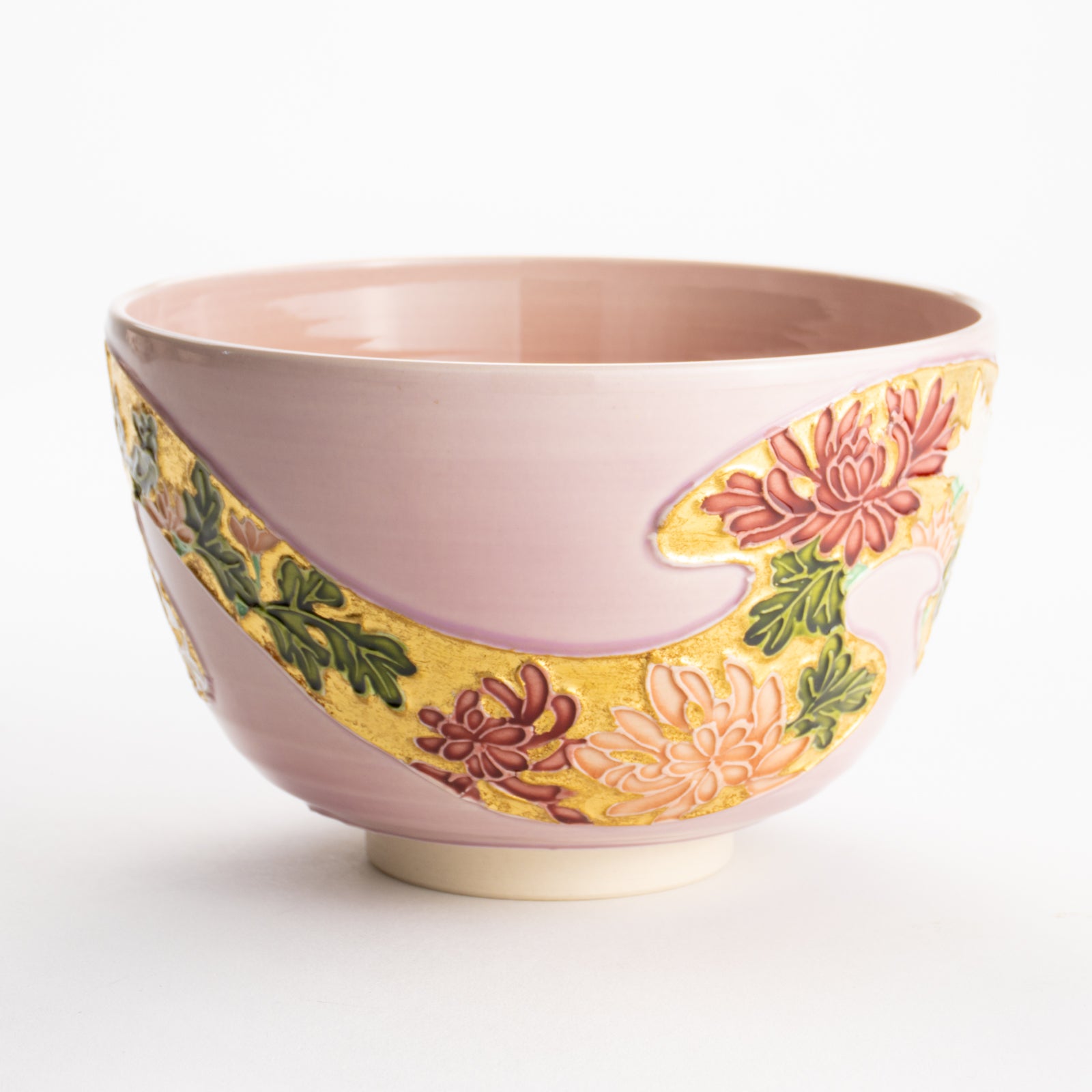 【清水焼】抹茶碗　桃交趾 四季草花　山本一如 KOTOPOTTER