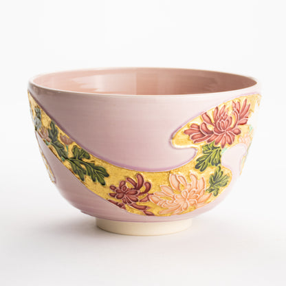 【清水焼】抹茶碗　桃交趾 四季草花　山本一如 KOTOPOTTER