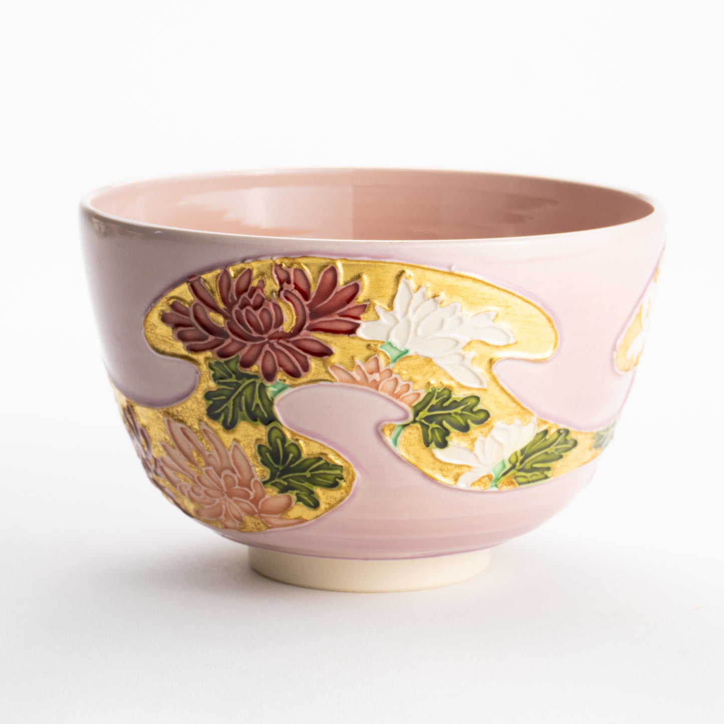 【清水焼】抹茶碗　桃交趾 四季草花　山本一如 KOTOPOTTER